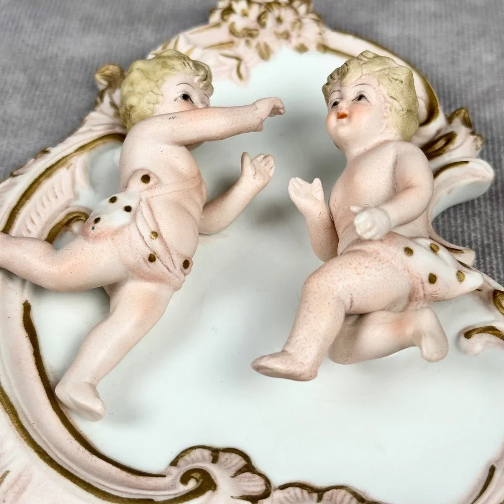 Vintage Lefton Porcelain Cherub Wall Decor Pink Gold Ornate Plaque Hand Painted